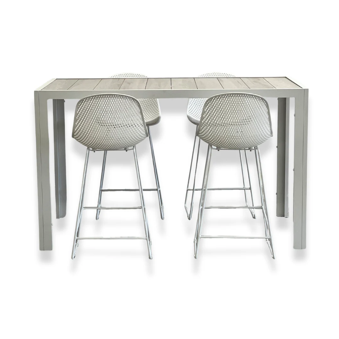 Ekaterina Gardenia 5 Piece Outdoor Bar Tables and Stools Set | White - Image 4